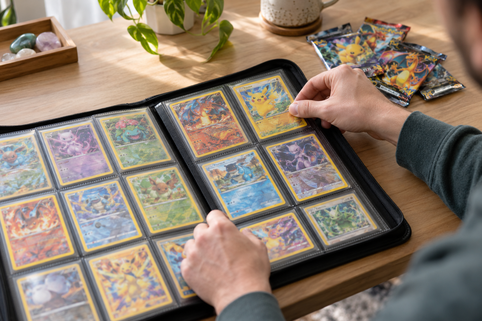 Collector arranging Pokémon cards in a binder